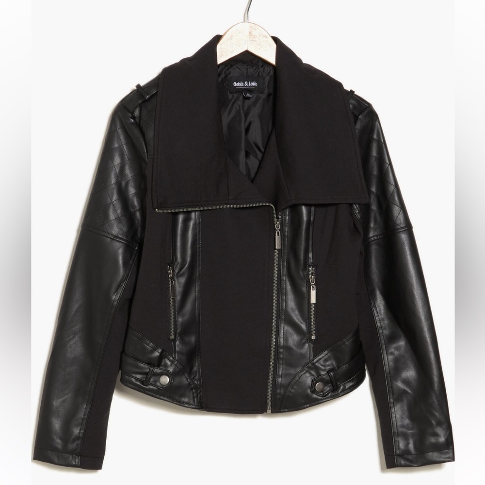 Ookie & Lala black Faux Leather Mix Quilt Drape Jacket- women’s Small